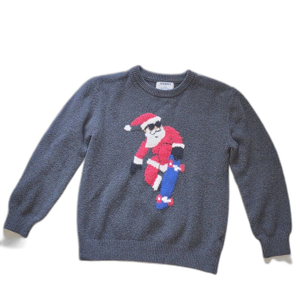 Old Navy Kids Size L (10-12) Gray Skating Santa Graphic SoSoft Sweater